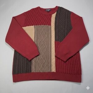Roundtree & Yorke XL Sweater‎ Mens Red Patchwork Cable Knit Cotton Blend Vintage